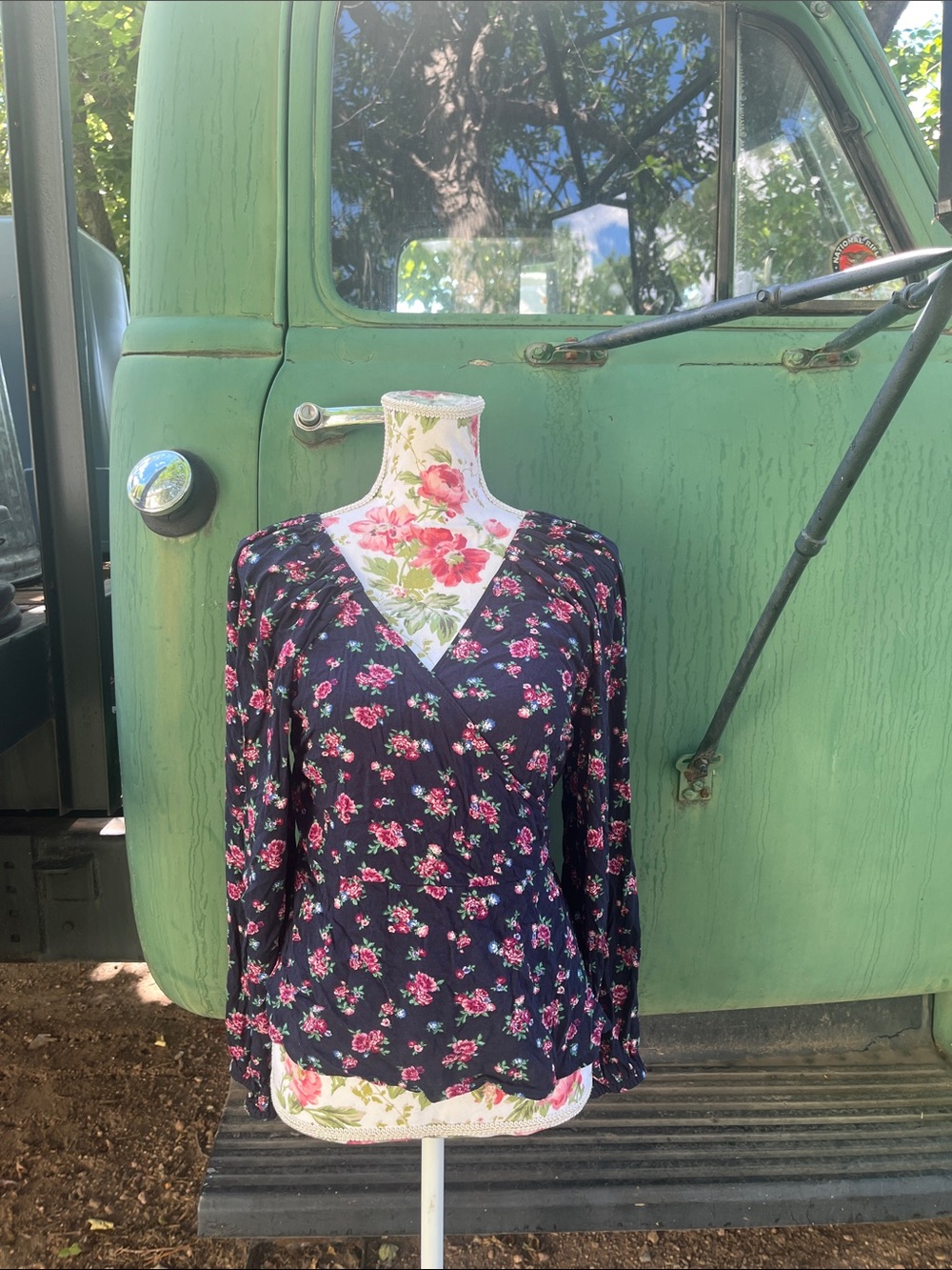 Old Navy Black Floral Wrap-Style Long Sleeve Blouse